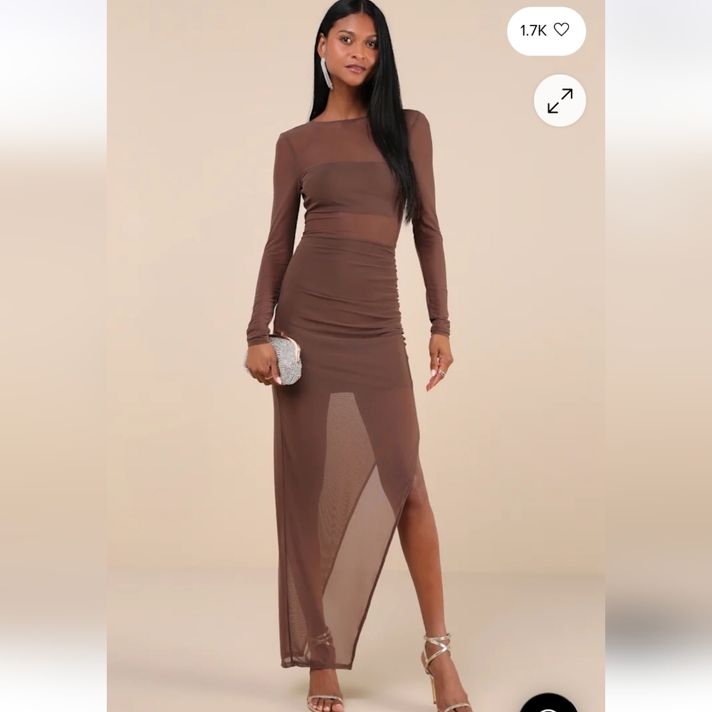 NWT Lulus Alluring Silhouette Sheer Bandeau Dress With Side Slit Brown XL